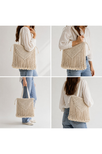 Hobi Kafe Hand Knitted Macrame Embroidered Cloth Bag