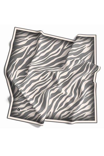 VİOLLA Kristal Zebra Desenli Krem - Gri Renkli 90x90 Eşarp (İpek İçermez) Dik...