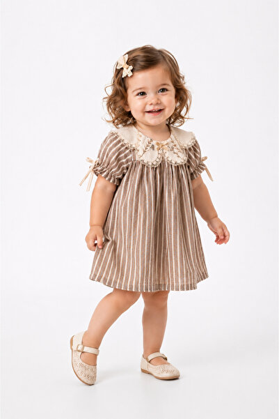 NoyNoy Baby Capucine Kız Bebek Elbise – %100 Pamuk, Çizgili Yakalı Model, Tok...