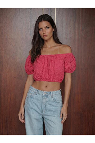 WeShaya Fuchsia 100% Polyester Lined Scalloped Strapless Short Sleeve Blouse