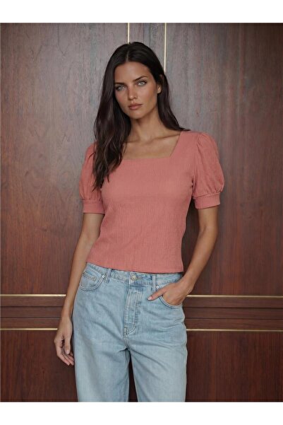 WeShaya Dusty Rose Knitted Fabric Square Collar Short Sleeve Polyester Lycra ...