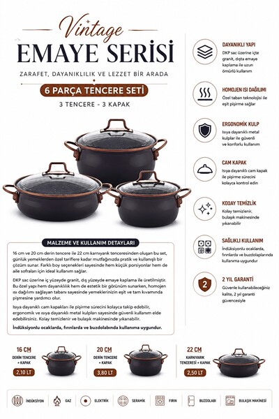 Bonera Emaye Vintage Güveç 6 Parça Tencere Seti(16-20-22 cm) Gri