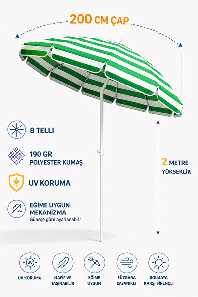 Düvenci Plaj Şemsiyesi Yeşil Beyaz, 200 CM / 8 Telli, Eğim Verilir BİDONSUZ