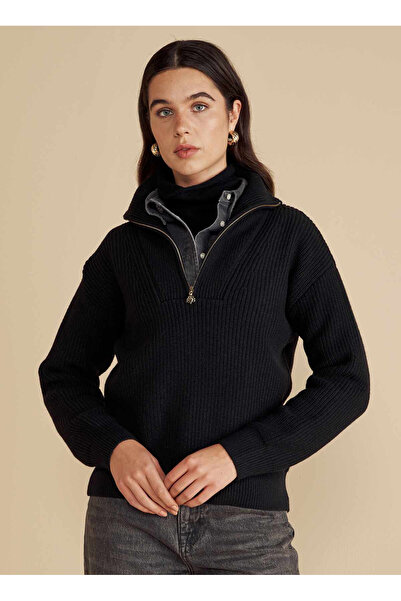 BROOKS BROTHERS Bato Yaka Oversize Siyah Kadın Kazak Bato Yaka Fermuarlı Kaşm...