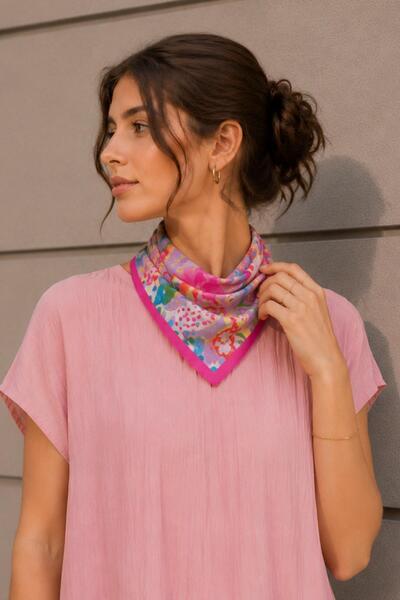 AFVENTE Lilyum Garden Pattern Pink-Lilac Soft Bandana Scarf 50X50 cm