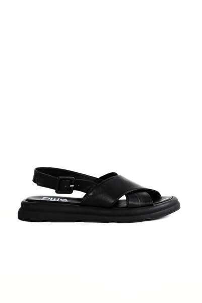 Bueno Shoes Μαύρα δερμάτινα γυναικεία φλατ σανδάλια 01wy9403