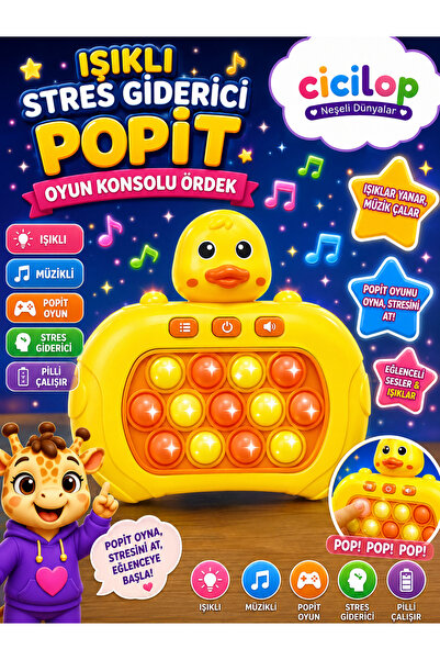 cicilop Işıklı Stres Giderici Popit Oyun Konsolu Pop It Oyuncak Ördek
