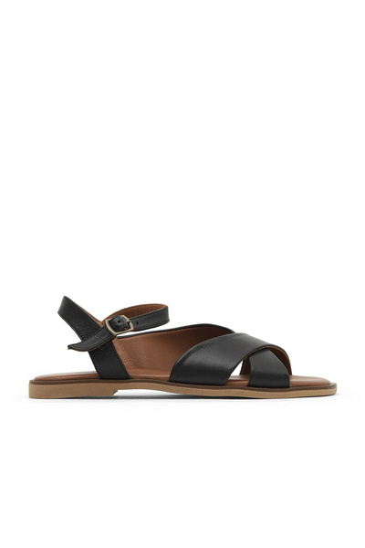 Bueno Shoes Μαύρα Khv-μπεζ δερμάτινα γυναικεία φλατ σανδάλια 01wa5703