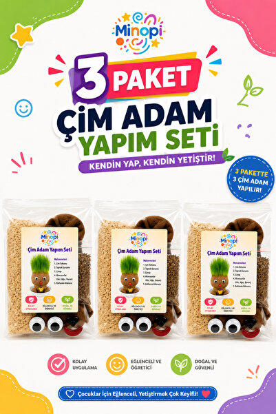 Minopi 3 Paket Çim Adam Yapım Seti Okul Eğitici Deney Seti Çim Adam Seti