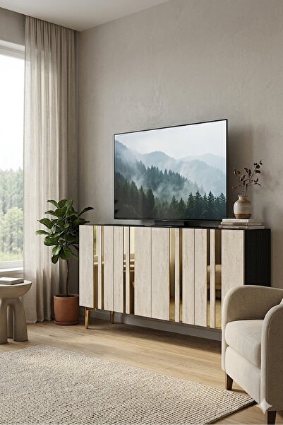 CENEYRA KA1230ATG MİA Konsol ve Tv Sehpası Antrasit-Traverten-Gold 120cm