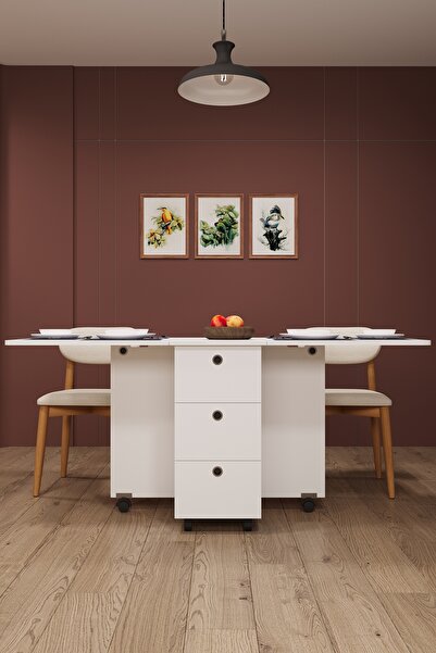 asratrend Lüks Katlanır Mutfak Yemek Masası %100 MDF Pratik Çekmeceli Çalışma Masası KM100