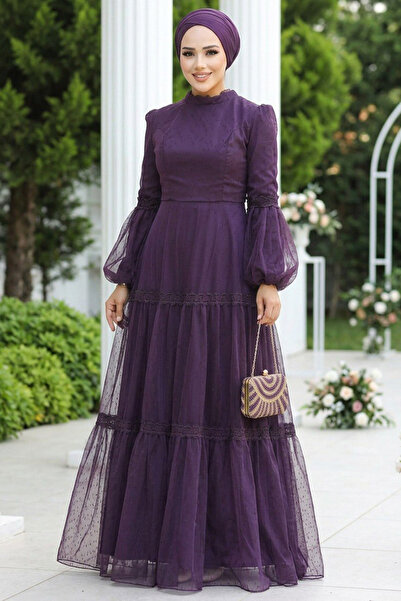 Neva Style Dantel Detaylı Mor Tesettür Abiye Elbise 2335MOR