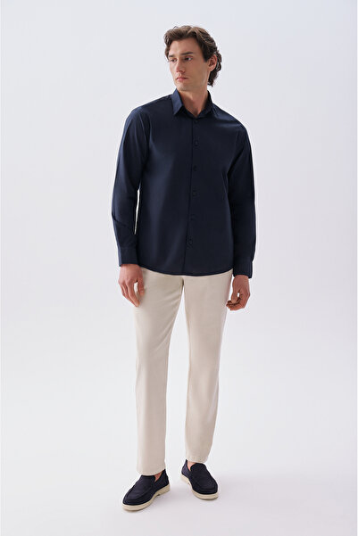 Mudo Men's Bone Color Tapered Fit Chino Trousers with Tie Waist