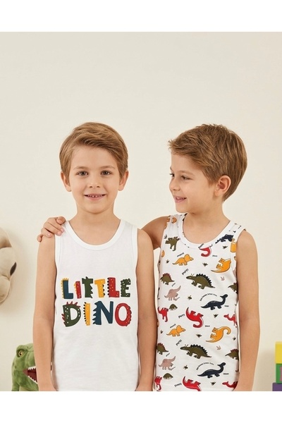 ALİŞ KİDS Boy's Cotton White Dinosaur Patterned 2-Piece Undershirt