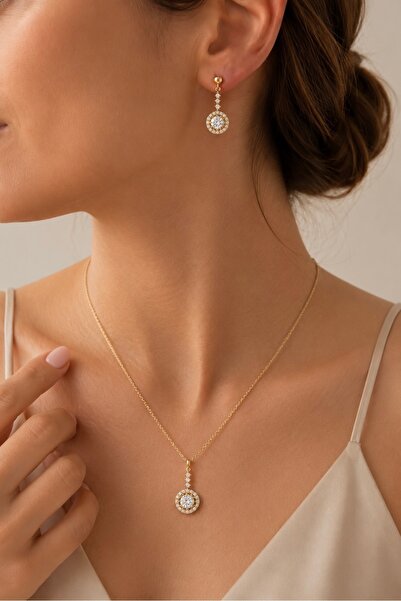 Argentum Concept 18K Altın Kaplamalı 925 Ayar Gümüş Zirkon Taşlı Set - S017002
