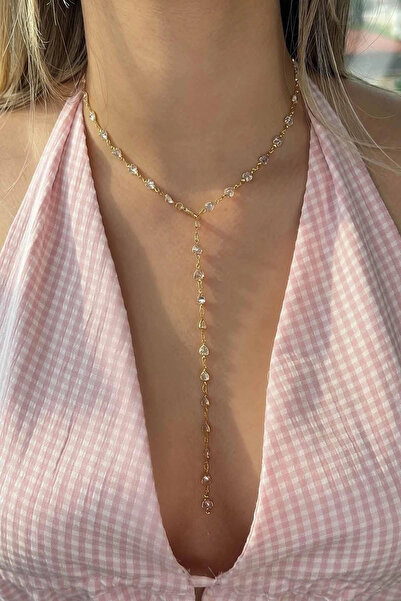 Vitastyle Gold Color Transparent Heart Shape Stone Detail 316L Steel Y Model ...
