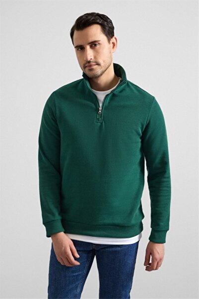 SÜVARİ Koyu Yeşil Regular Düz Yarım Balıkçı Yaka Sweatshirt