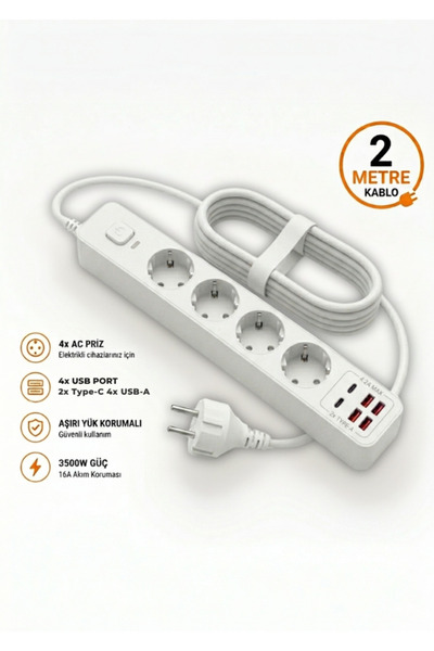 DORNEX ELEKTRONİK Type-C PD Destekli 4’lü Priz Çoklayıcı USB Hızlı Şarjlı 350...