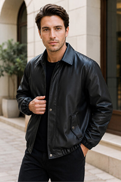 Mero Life Men's Black Basic Comfortable Cut Leather Jacket with Elastic Waist