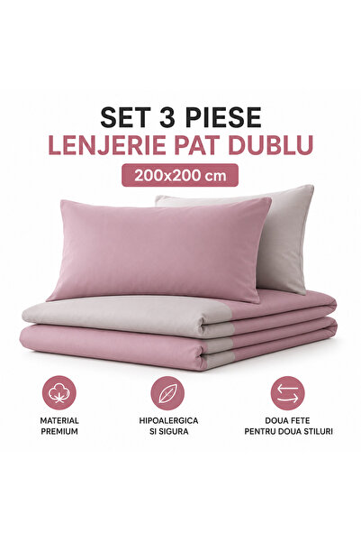 iTin Set 3 piese lenjerie pat dublu, hipoalergica, doua fete, material premiu...