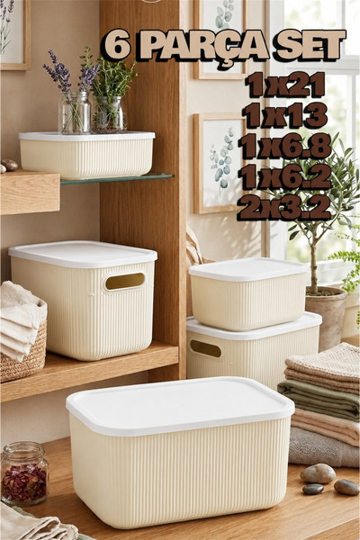 Bayev Set of 6 Storage Cream Multi-Purpose 5 Size Organizer Box with Lid for ...