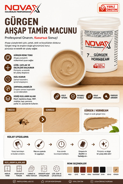 Novax GÜRGEN RENK AHŞAP TAMİR MACUNU 200 GRAM TÜRK MALI KALİTELİ 1 ADET HORNBEAM