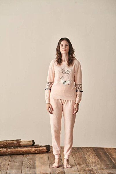 FIRST STYLE Turkish Stylish Winter Pink Cute Printed Woven Fabric Pajamas