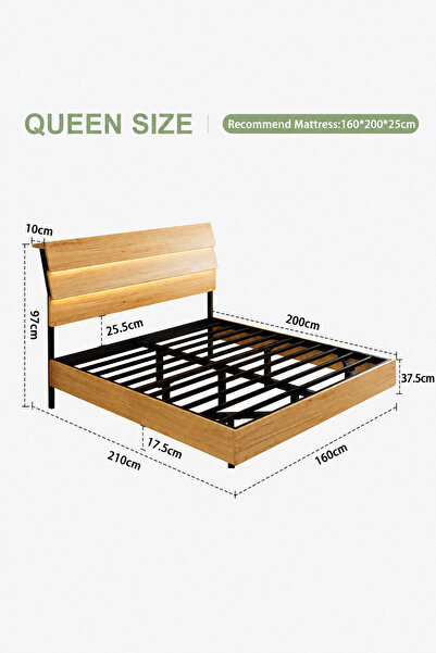 Yanara Queen Oak Floating Bed LED lights, charging station, storage headboard...