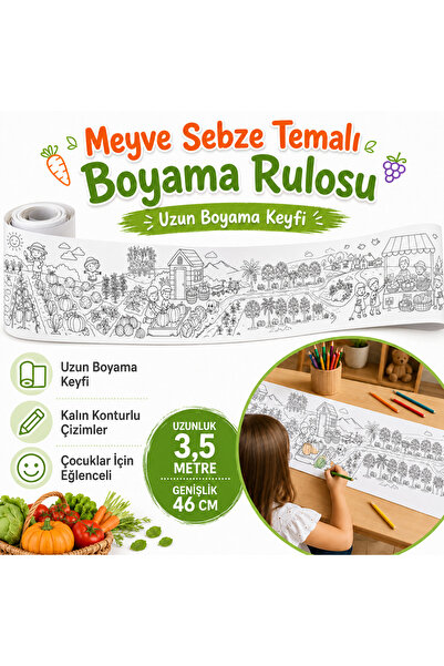 AHDTOPTAN Meyveler VE Sebzeler Boyama Rulosu 46 cm x 3,5 Metre | Çocuklar İçin Uzun Boyama Kağıdı, Kalın Konturlu Eğitici Aktivite