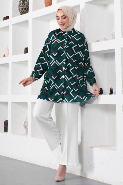 TRENDTESETTÜR KADIN YEŞİL (ZÜMRÜT) GEOMETRİK DESENLİ GÖMLEK TUNİK T 6888