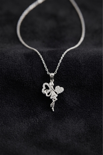 Roza Silver 925 Ayar Zirkon Taşlı Rodyum Kalpli Aşk Perisi Gümüş Kolye