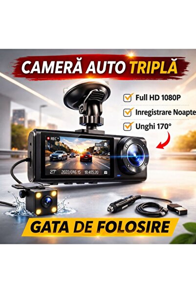 Sellsa Shop CAMERĂ AUTO FULL HD 3 ÎN 1 – FAȚĂ / SPATE / INTERIOR + CARD DE ME...