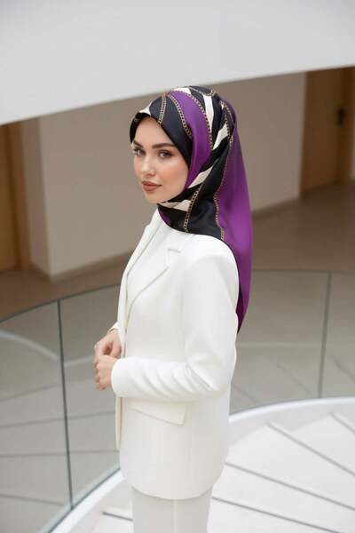 Vissona %100 Twill İpek Zincirli Çizgi Desenli Siyah - Mürdüm Renkli 90x90 Eş...