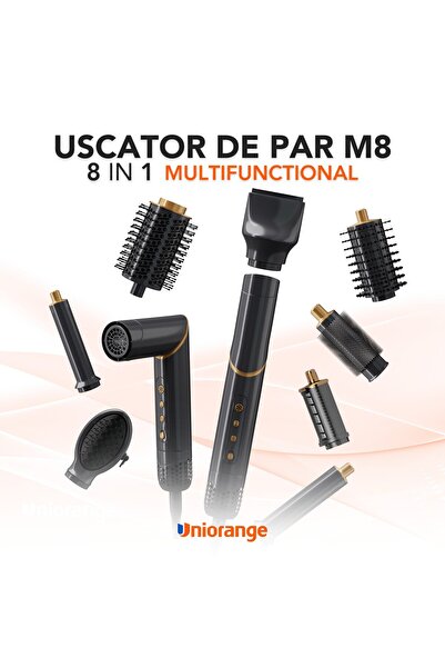 Uniorange Uscator de Par Profesional Multifunctional 8 in 1, Uniorange® , Perie Aer Cald, Indreptat & Ondulare, Ioni Negativi, 1400W, Gri