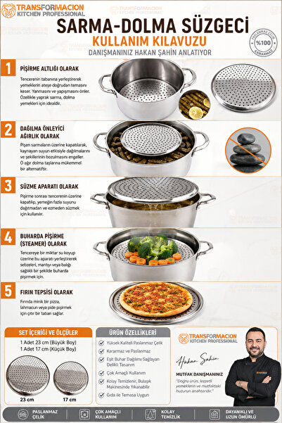Transformacion 2'li Sarma Dolma Süzgeci, Paslanmaz Çelik Pişirme Altlığı, Yanmaz Yapışmaz Tencere Tabanı 719157