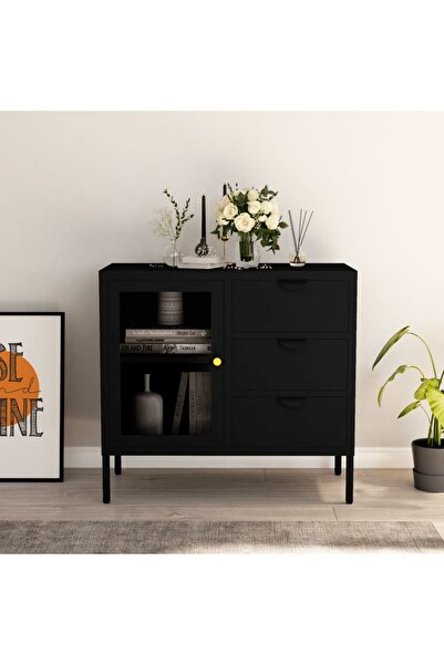 Concept Servantă, negru, 75x35x70 cm, oțel și sticlă securizată