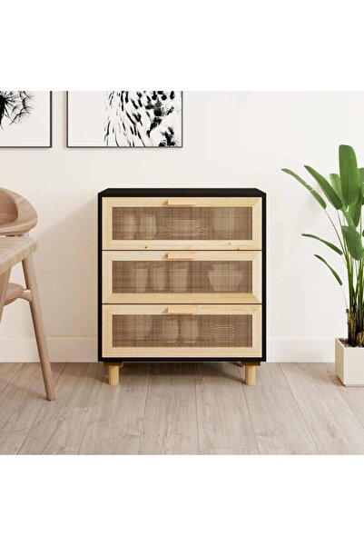 Concept Servantă, negru, 60x30x70 cm, lemn masiv pin și ratan