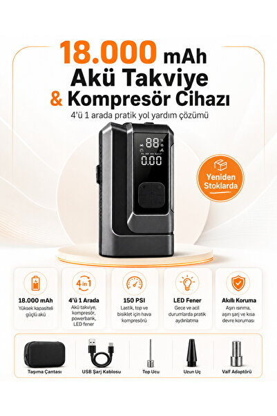 Kılıforyum 18000mAh Akü Takviye ve Kompresör 4’ü 1 Arada Taşınabilir Araç Mar...