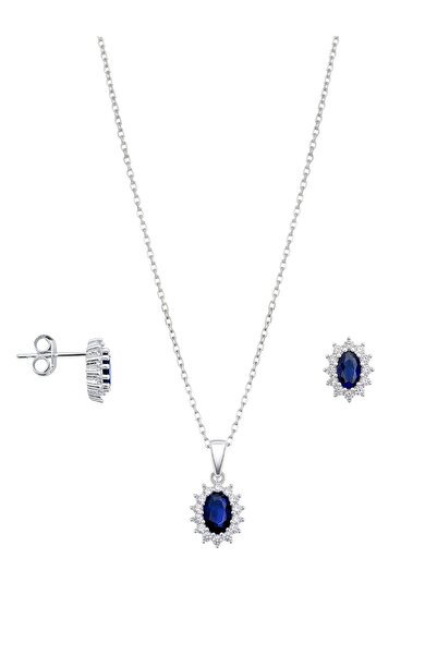 oya silver Mini Beyaz Işıltı Çevrili Safir Taşlı Oval Kadın Kolye Küpe Gümüş Set