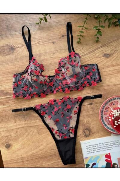 BanaTAP Set de lenjerie prințesă, negru, cu imprimeu floral, cu dantelă, suti...