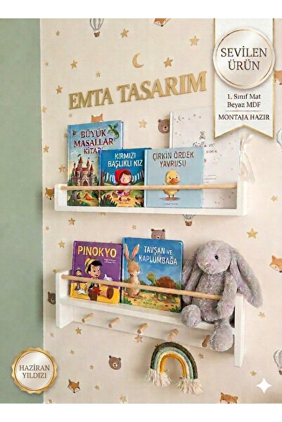 EMTA 50 Cm 2 Li Set Raf Askılık Beyaz- Naturel Montessori çocuk odası kitaplı...