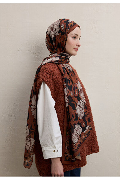 Freshscarfs Leone Desen İpek Krep Şal Bakır