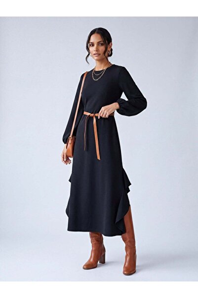 FARREN Women's Black Flared Long Dress – Allure Fit |   Flowing Form |   Sash...