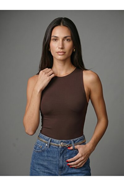 Noe Collection Kadın Kahverengi Halter Yaka Slim Fit Likralı Bodysuit Günlük ...
