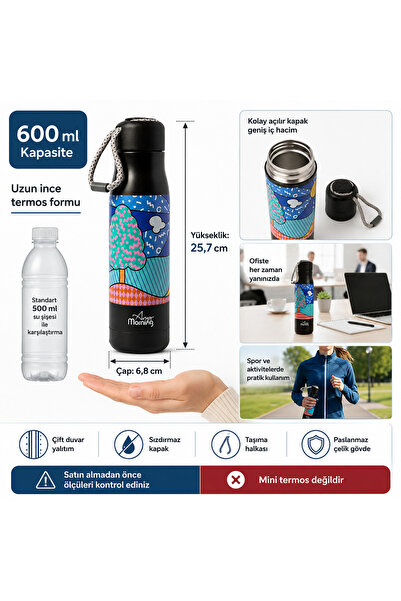 esdekor 600 ml Stainless Steel Long Slim Thermos Flask, 25.7 Cm, Leak-Proof L...
