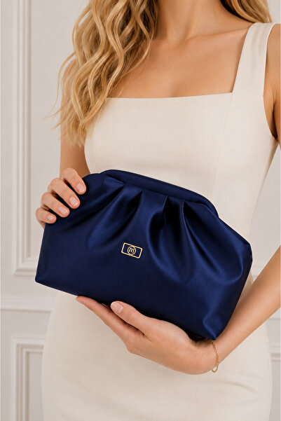 Molie Women's Navy Blue Satin Soft Faux Leather Strap Clutch Evening Bag / Po...