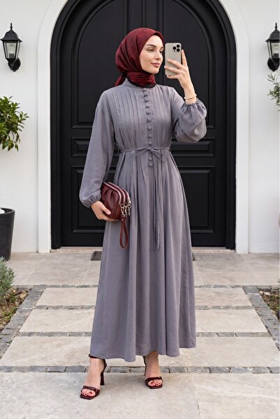 Modamorfo Half-Buttoned Ribbed Belted Modal Dress -Grey