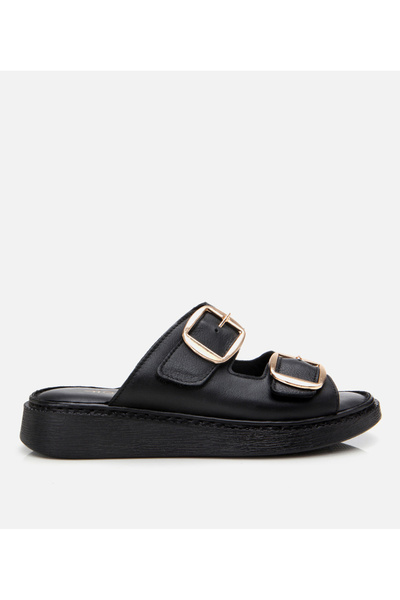 Hotiç Women's Leather Black Belted Flat Slippers
