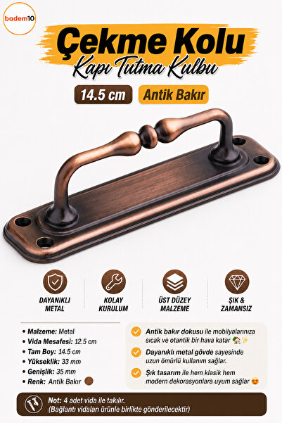 Badem10 Antik Bakır Büyük Metal Kapı Çekme Kolu 14.5 cm Tutamağı Kulp Kulplar...