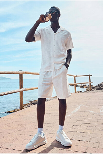 DAMGA JEANS Men's Trendy Polo Collar Shirt Basic Linen Shorts White Two-Piece...